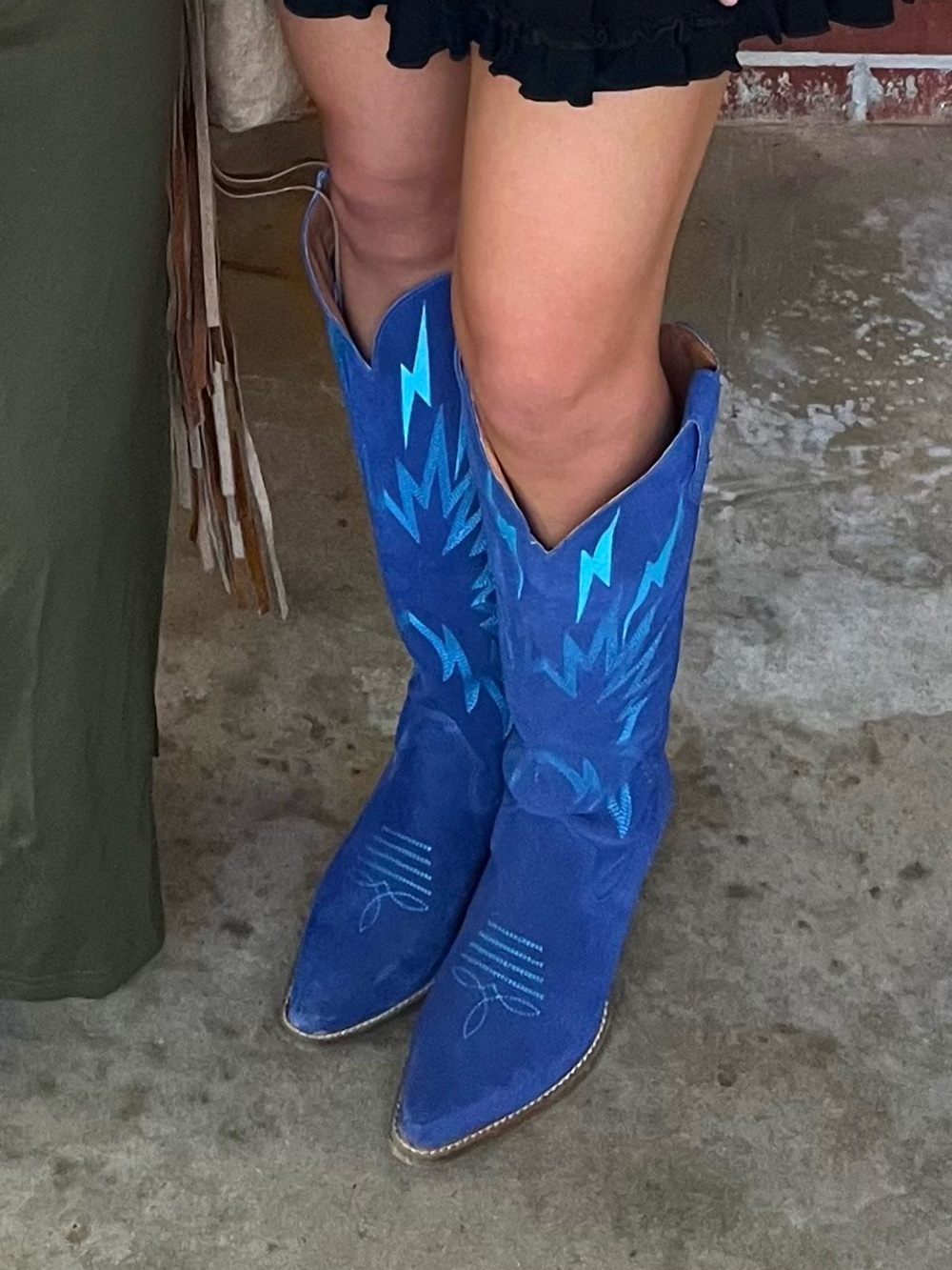 Blue Suede Women's Western Knee-High Boots with Teal Stitching - Picture 2 of 2